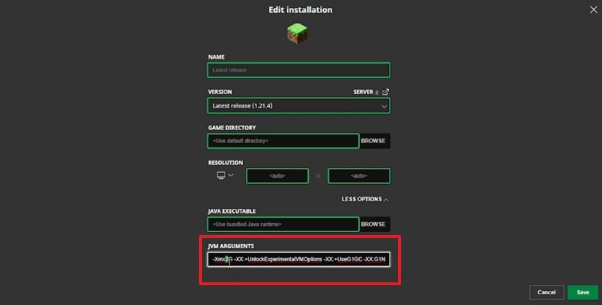 alter the jvm arguments here