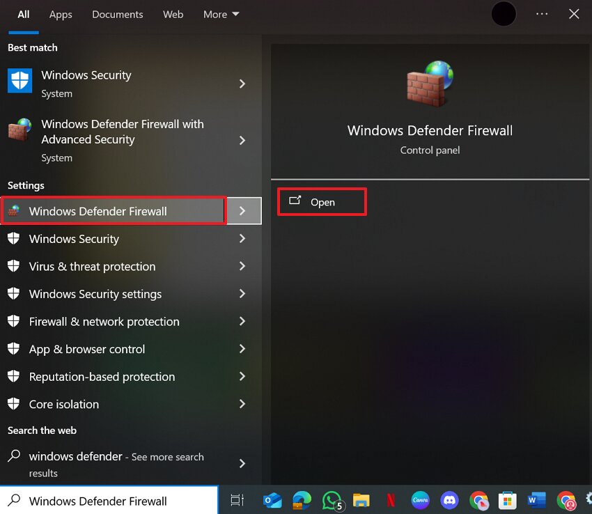 open the windows defender firewall interface