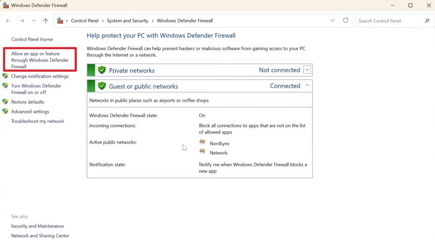 choose allow app or feature through windows defender firewall