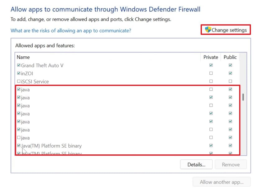 check all the java option boxes