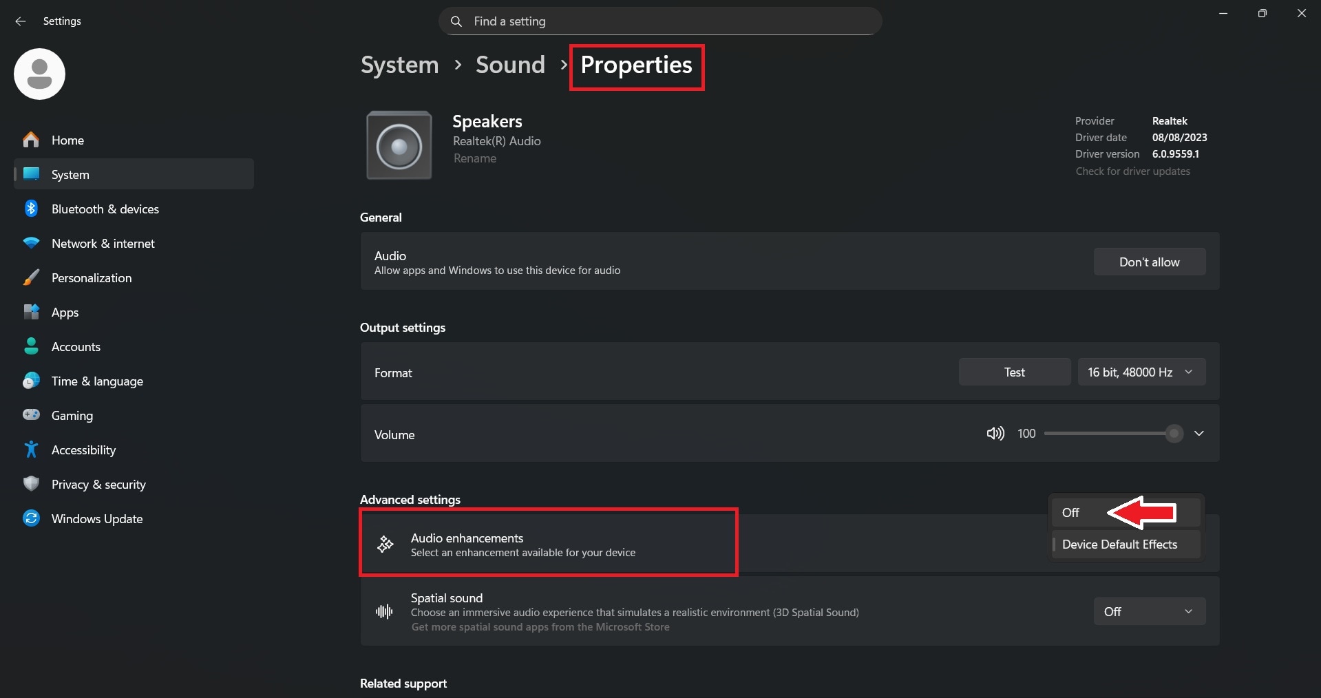 disable audio enhancements
