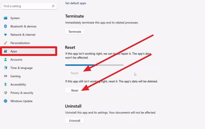 choose reset and repair buttons