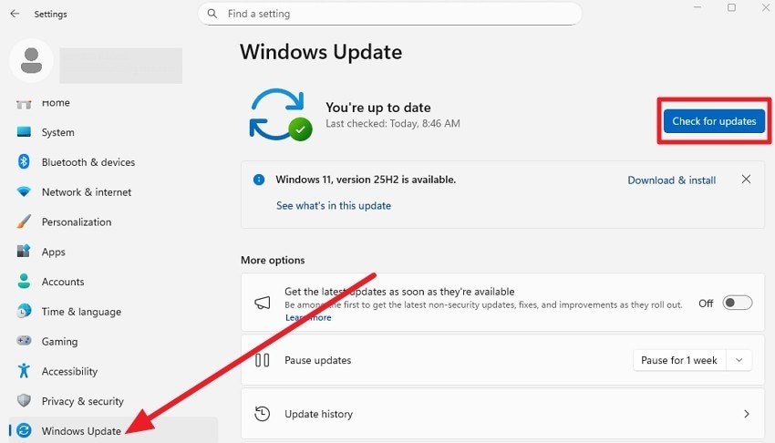 check for updates in settings