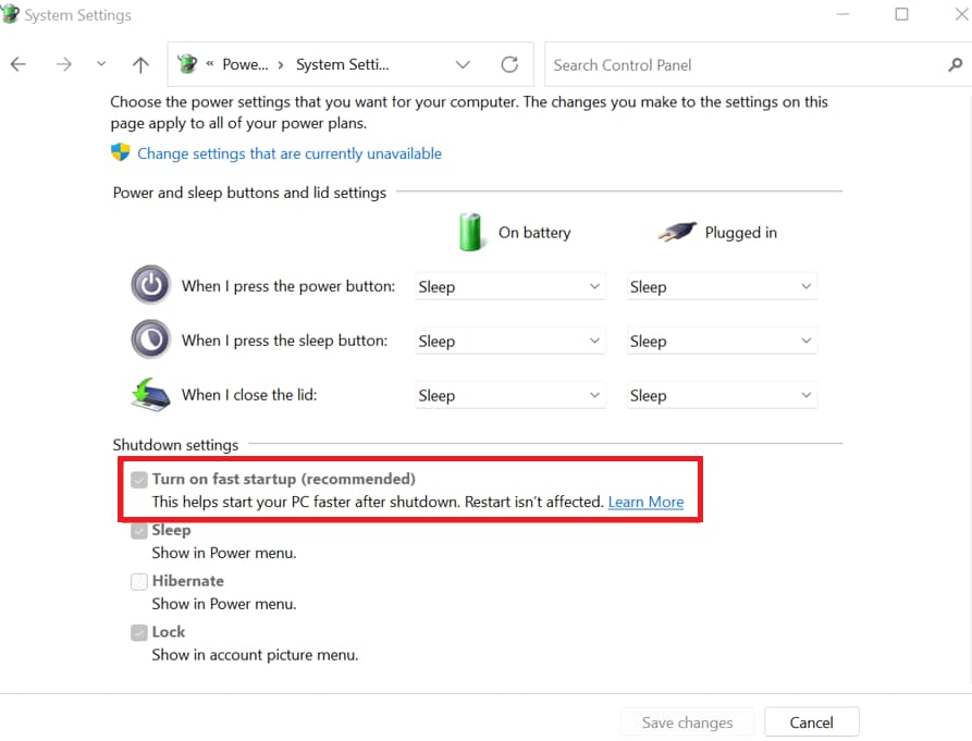 turn on fast startup (recommended)
