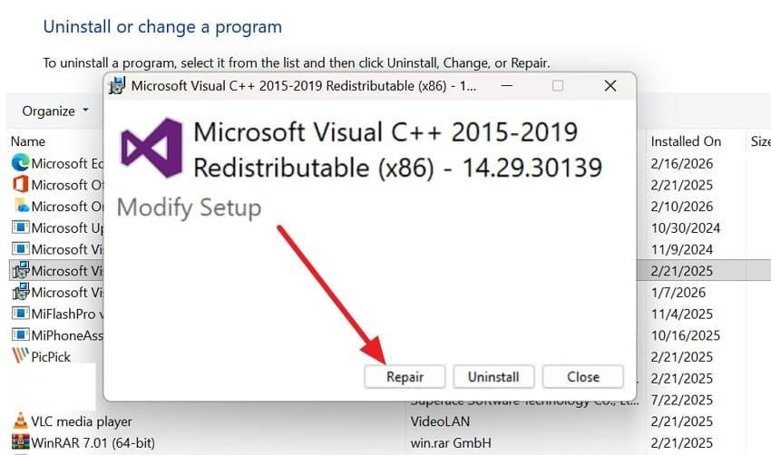press the repair option on pc