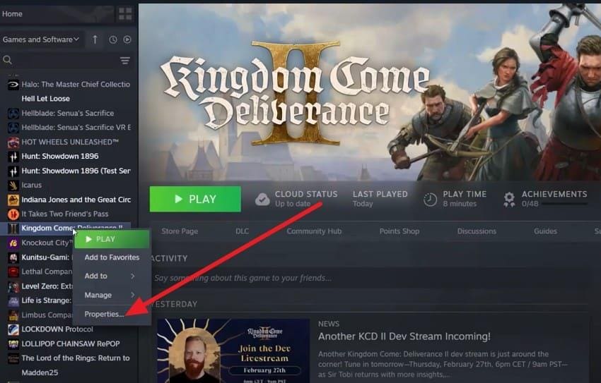 press the properties option