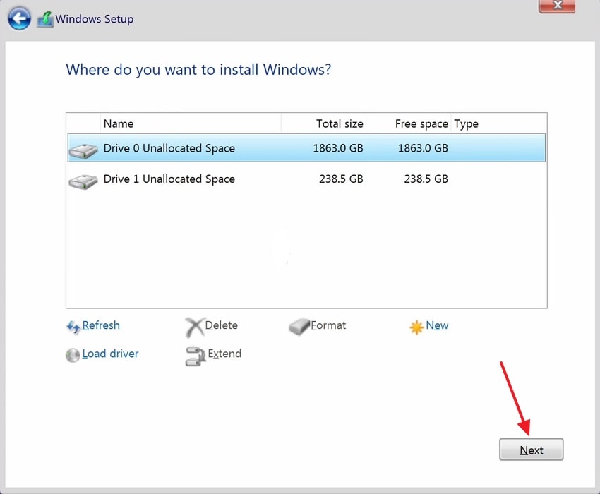 select drive to install windows