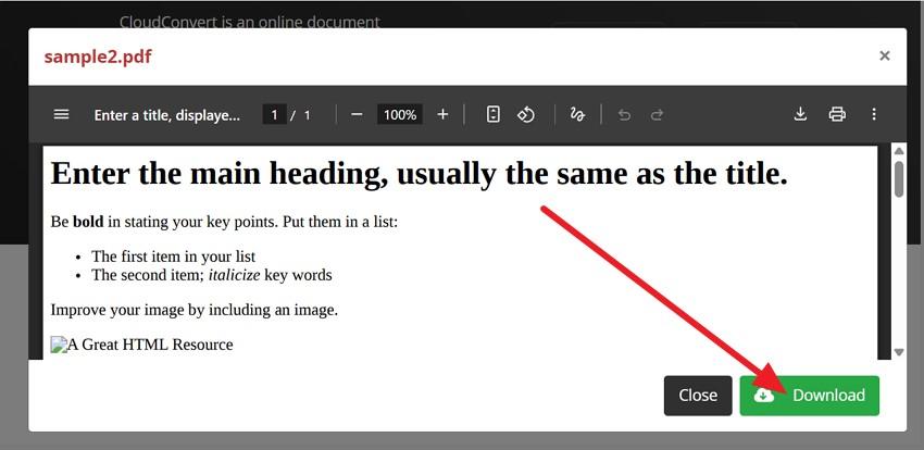 press download to convert html