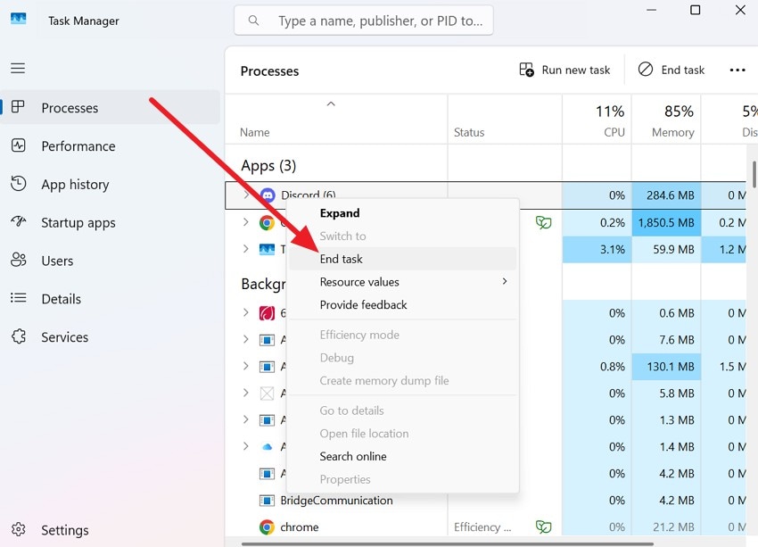 choose the end task option