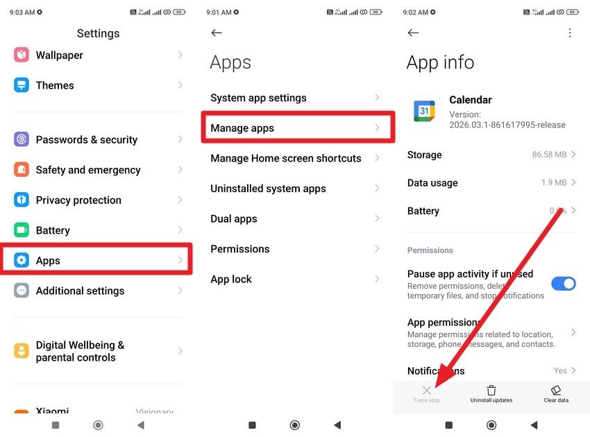 force stop the app on android