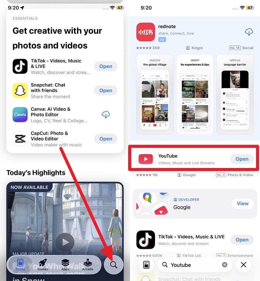 search and update youtube app