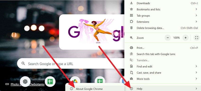 go to help and about chrome