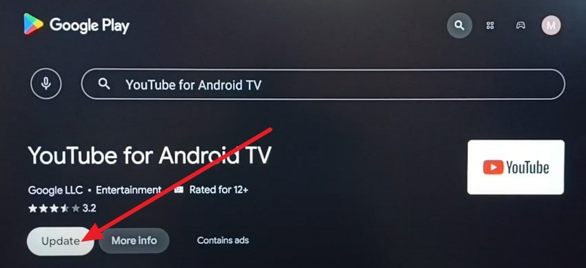 press update youtube on tv