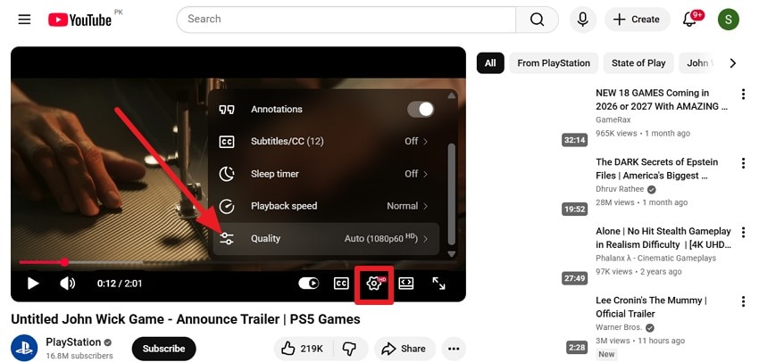 pick settings and quality button