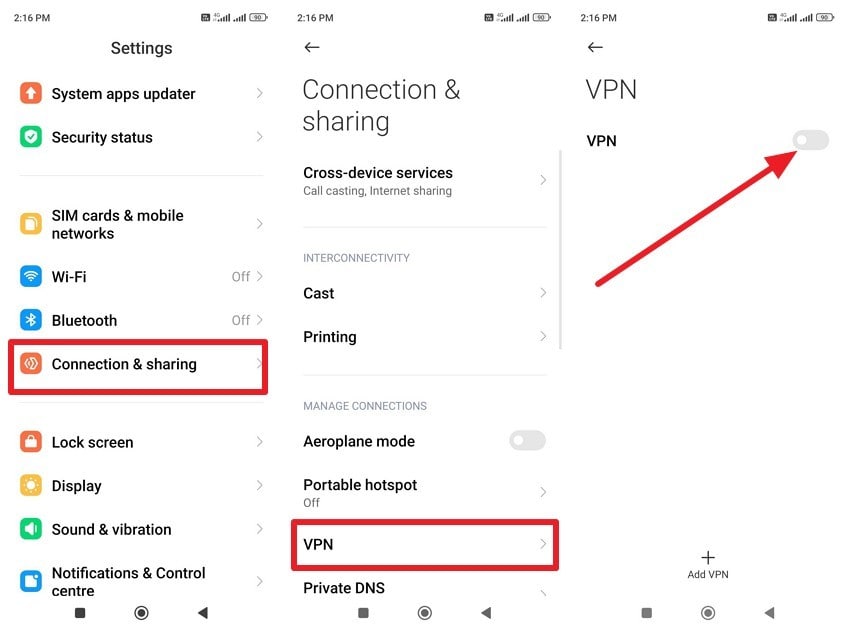 toggle off vpn on android