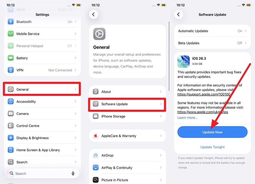 go to general and update now