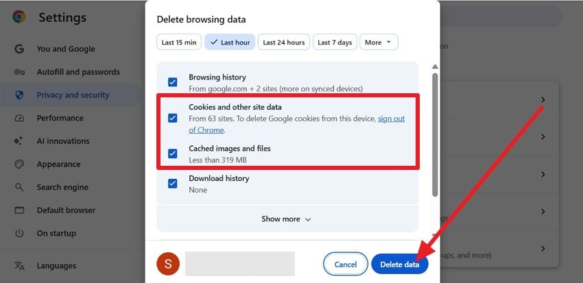 pick the delete data option