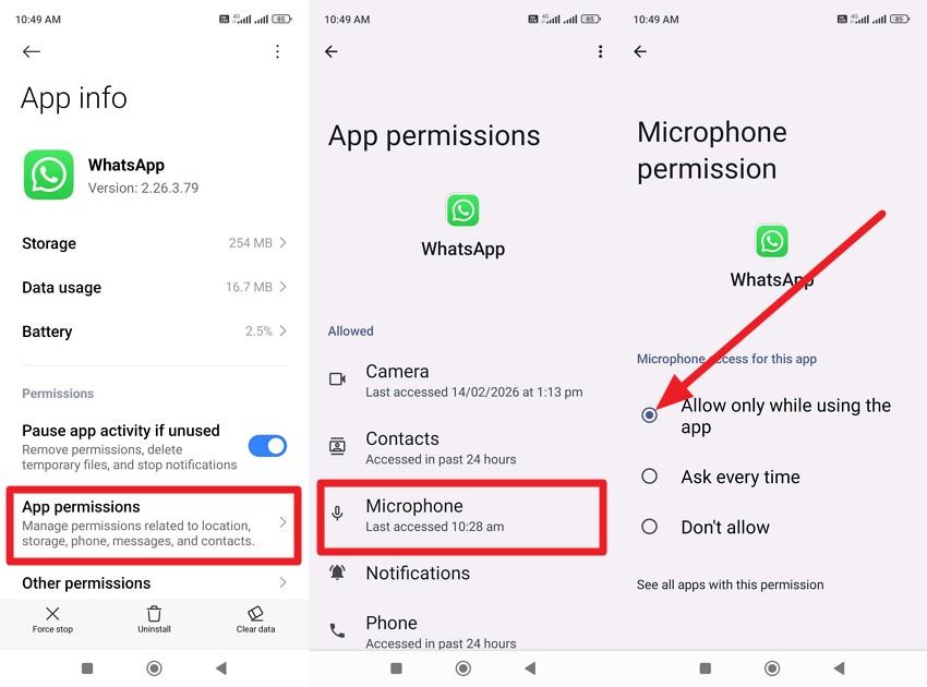 set whatsapp microphone to allow