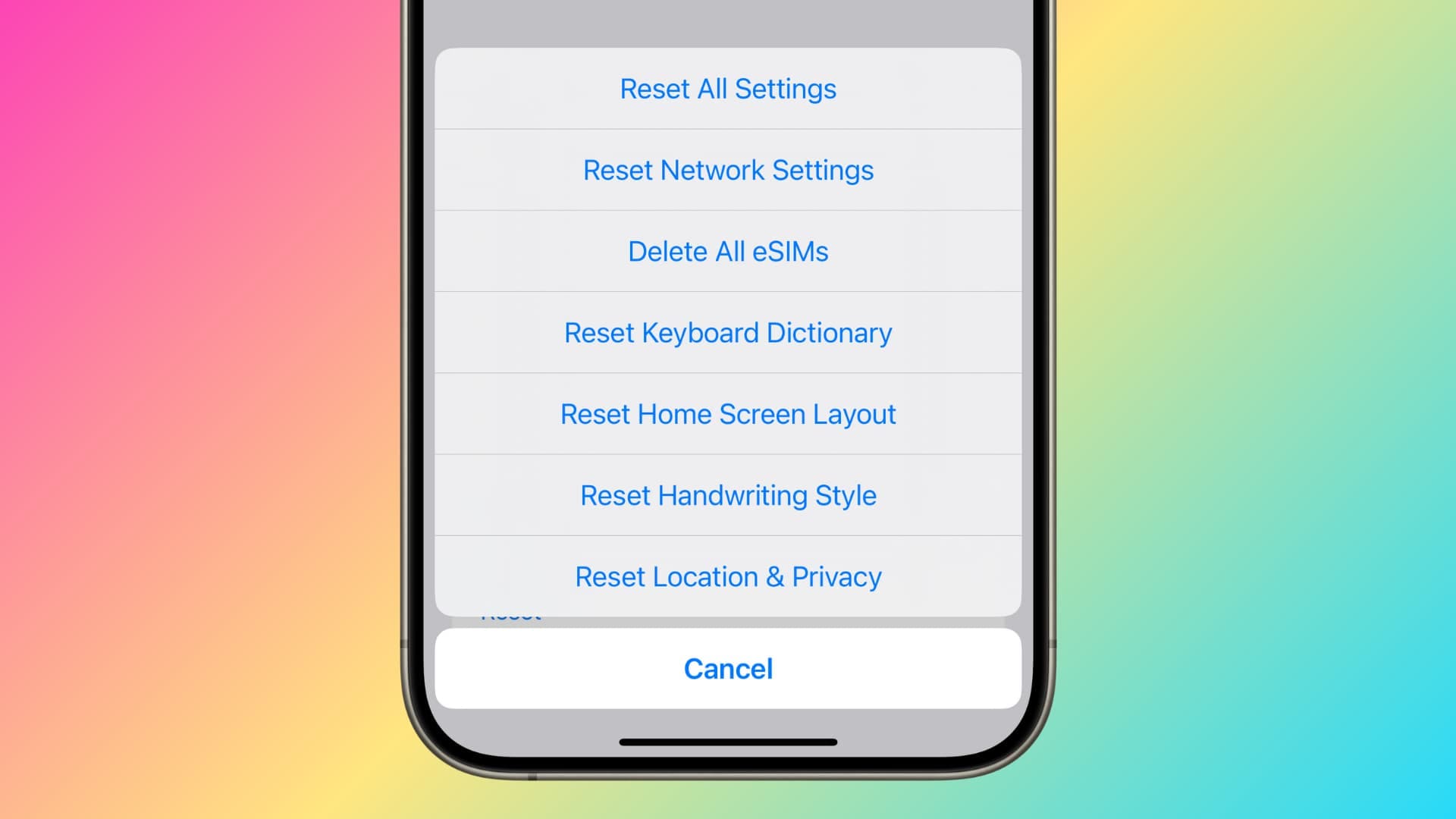 open reset all settings
