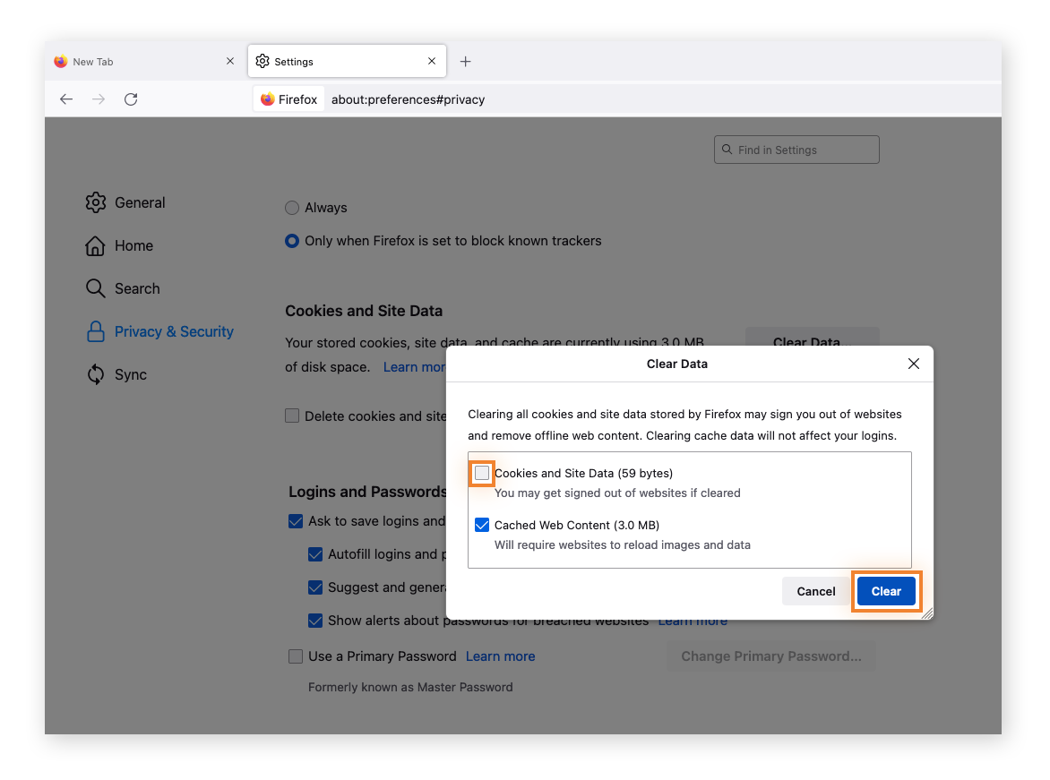 clear cookies and site data
