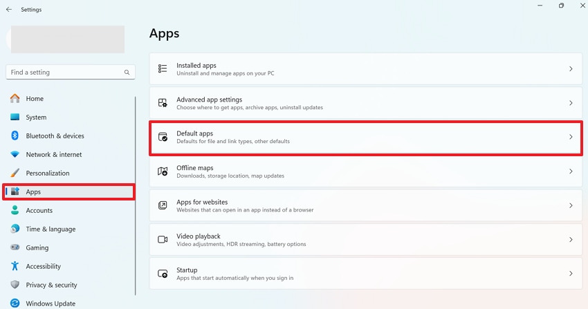 open default apps option