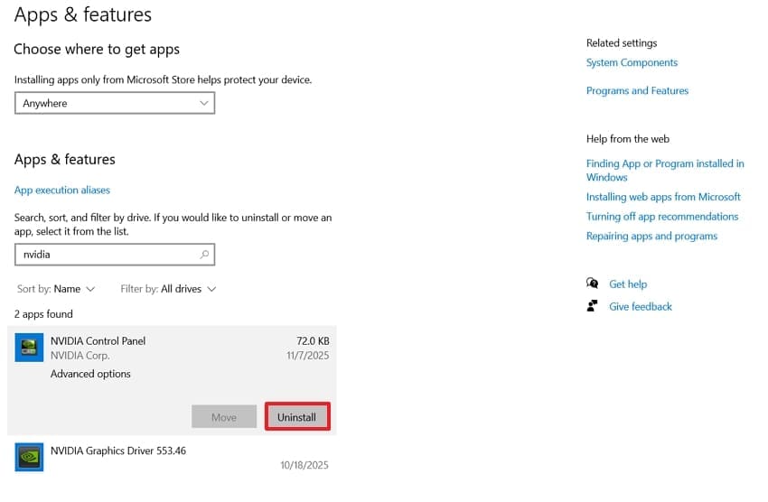 uninstall nvidia control panel