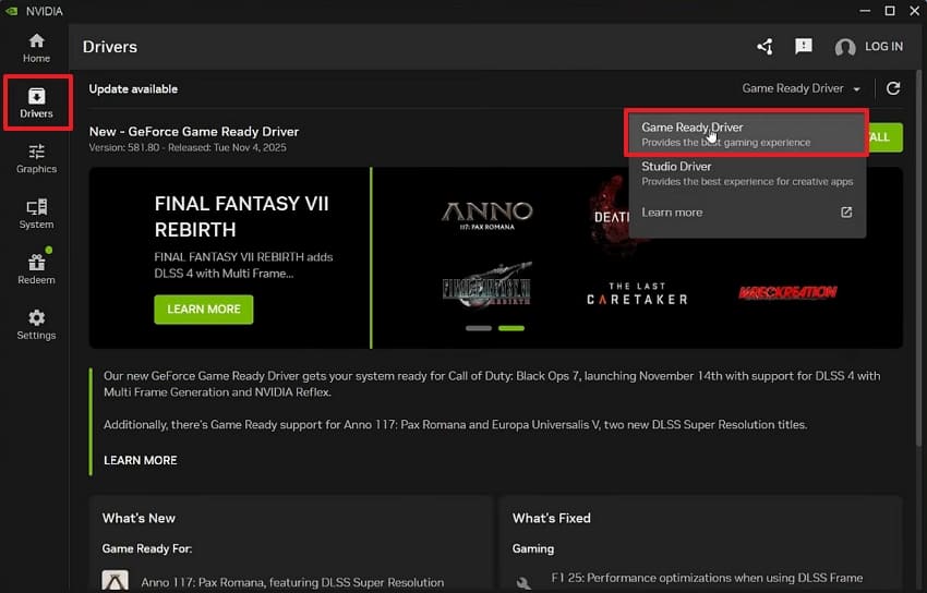 drivers tab to game ready driver
