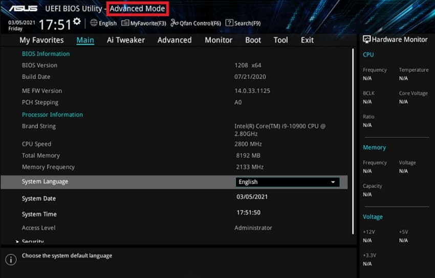 access advanced mode bios