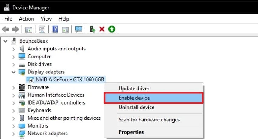 explain display adapters and enable device