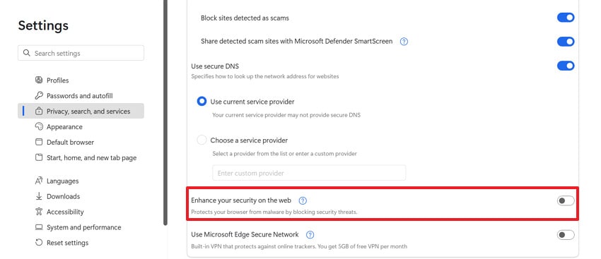 disable enhance security option