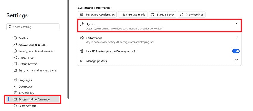 open system and performance tab