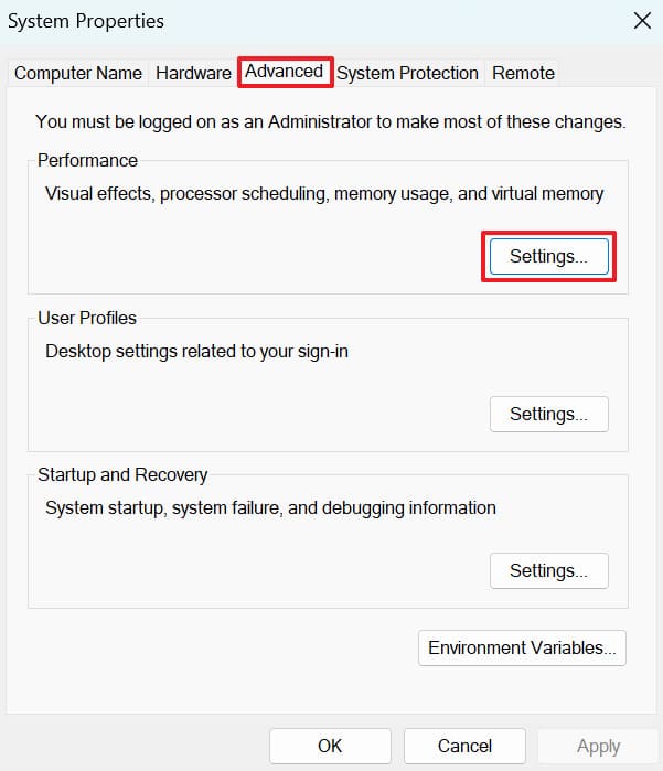 access performance settings