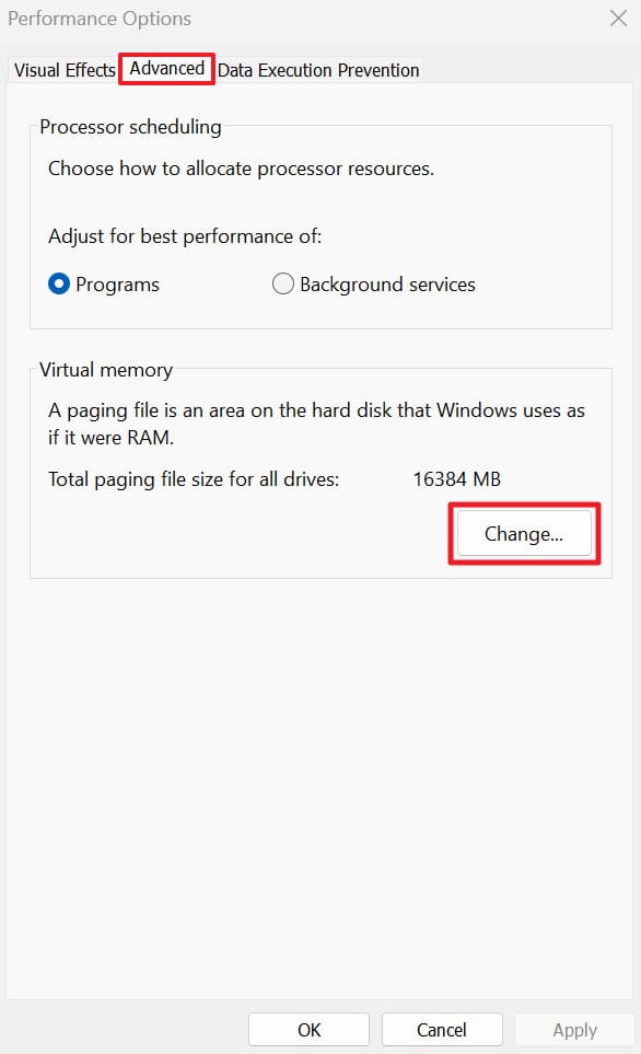 change virtual memory