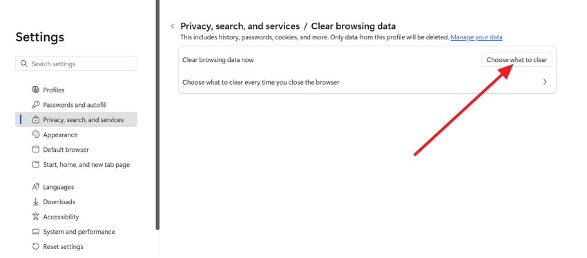select what to clear on edge