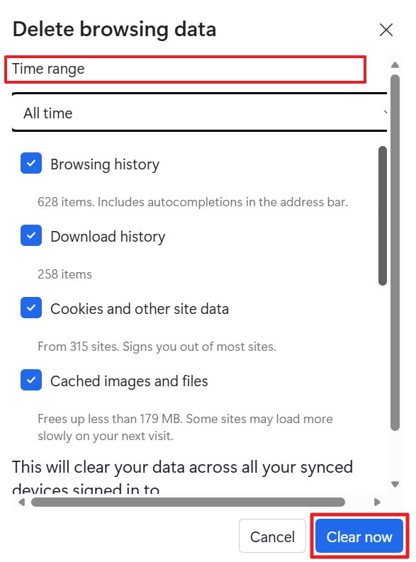 specify time range and clear