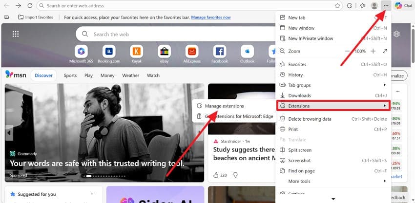 open extensions option