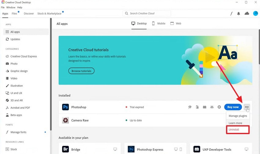 uninstall program inside creative cloud