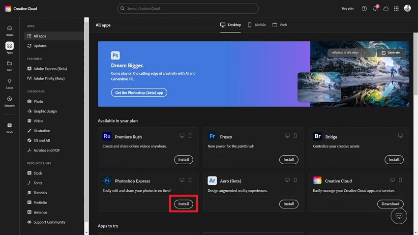 install program inside creative cloud