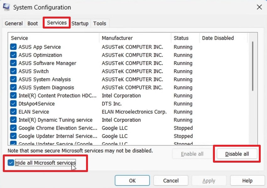 hide all microsoft services