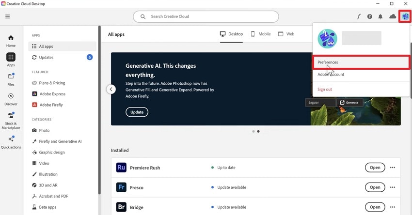 access adobe creative cloud preferences