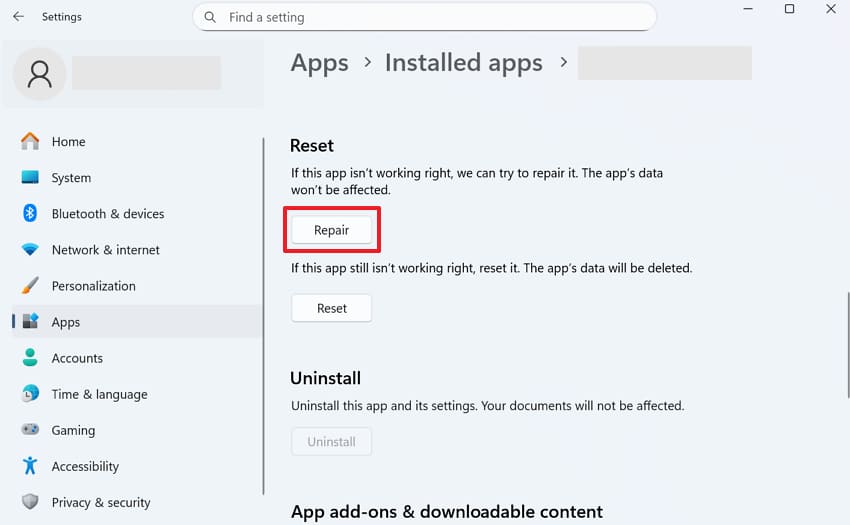 start repair inside settings