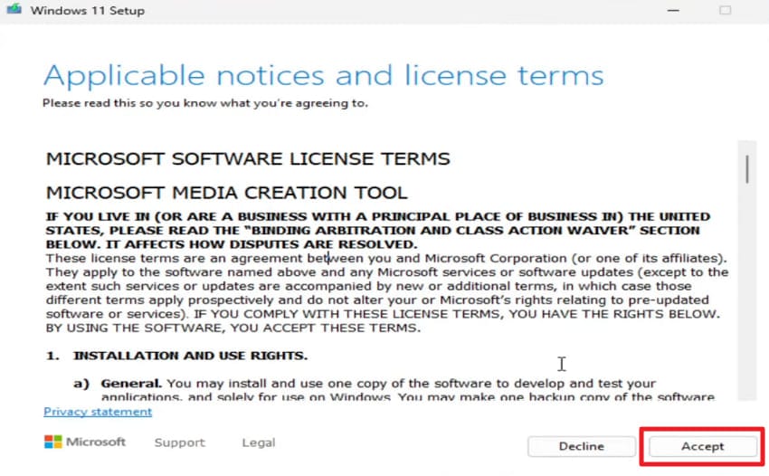 accept terms and license