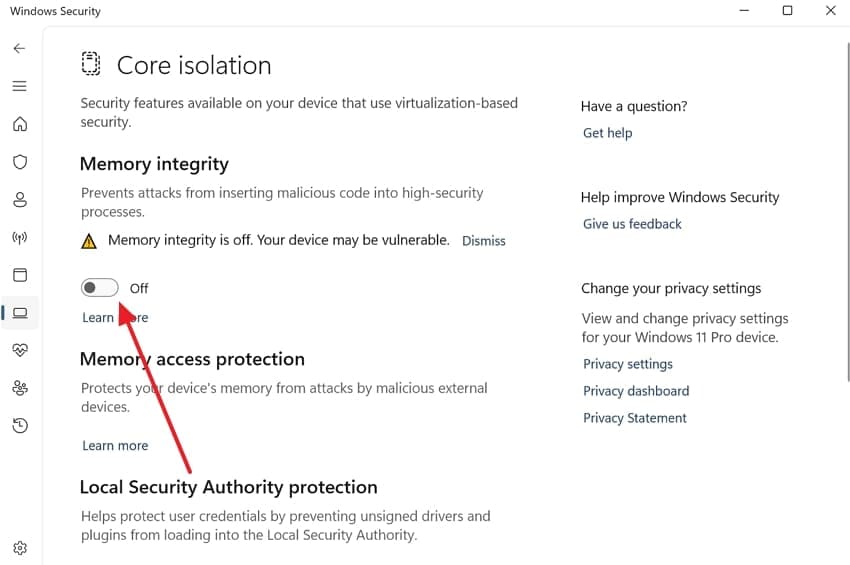 disable memory integrity