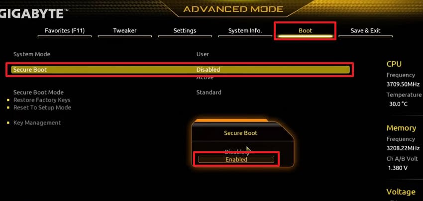 enable secure boot in bios