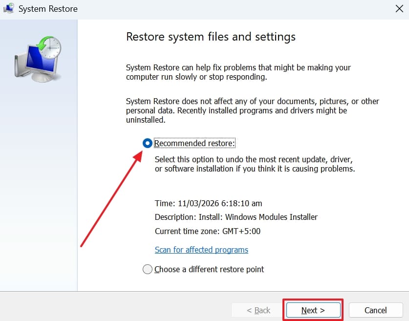 choose system restore point
