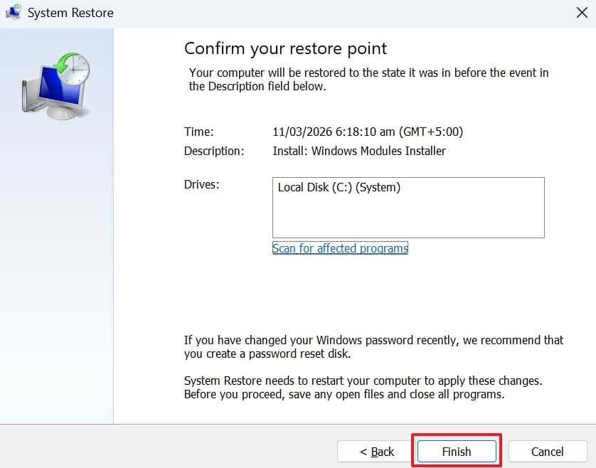 start system restore on windows