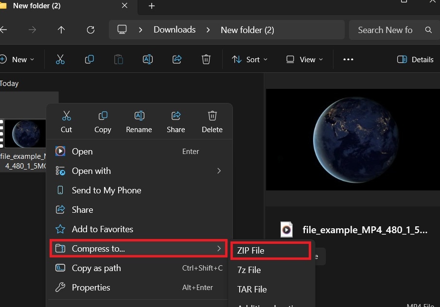 compress mp4 to zip file using windows file explorer