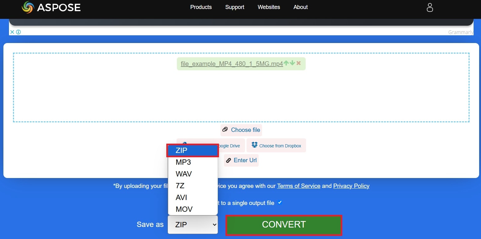 convert mp4 to zip using aspose converter
