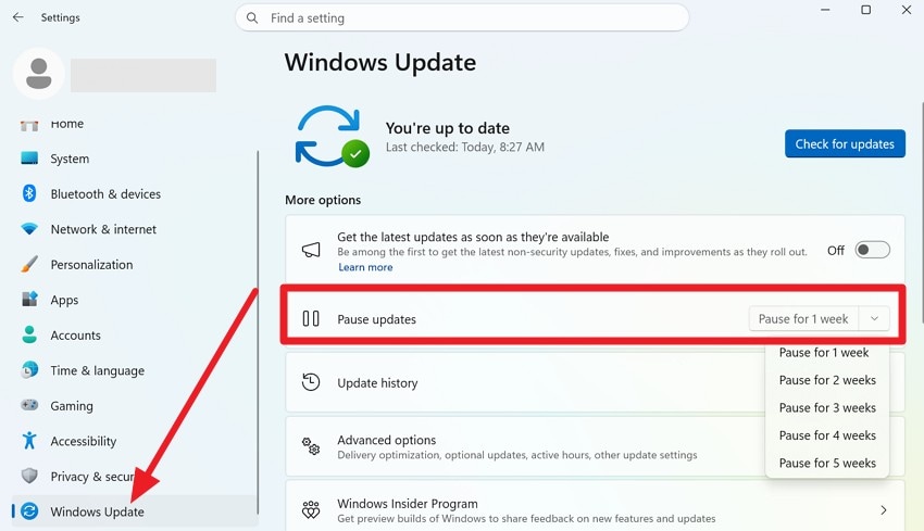 go to window updates section