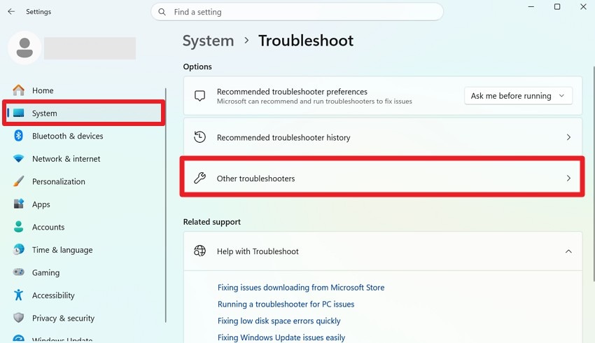 go to other troubleshooter section